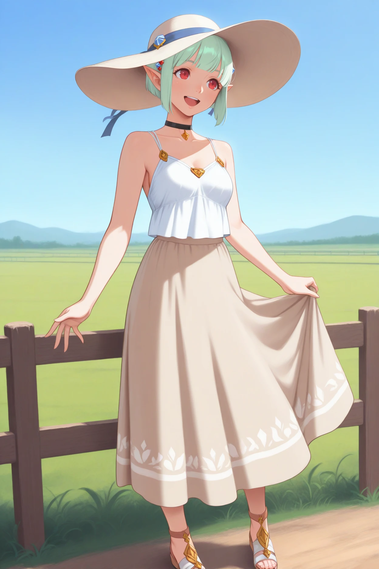 masterpiece, best quality, 1girl, solo, <lora:ena-illu-nvwls-v1-000005:1> mhsena, mint green hair, short hair, blunt bangs, pointy ears, red eyes, hair ornament, choker, sun hat, white camisole, long skirt, beige skirt, happy, sandals, field, fence, blue sky
