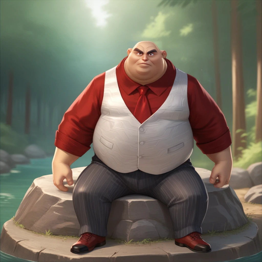 Ugly score_9_up, score_8_up, score_7_up, BREAK, KatsuKimura, 1boy, solo, fat, bald, brown eyes, red shirt, red necktie, white vest, black pants, striped pants, sitting on rock, <lora:KatsuKimura_PXL_Leaf1:1>, depth of field, forest,