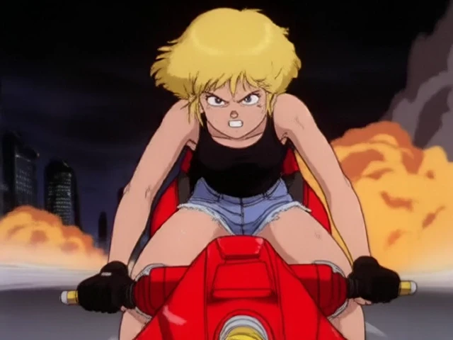Katsuhiro Otomo style. Emotional dynamic scene. Young cute badass girl with blowsy blonde hair, black tank top, medium breasts and denim shorts is riding a futuristic red motorbike, drifting. Camera is rapidly approaching her face, sweaty and furious, from the distance. Dystopian city at night, multiple explosions.