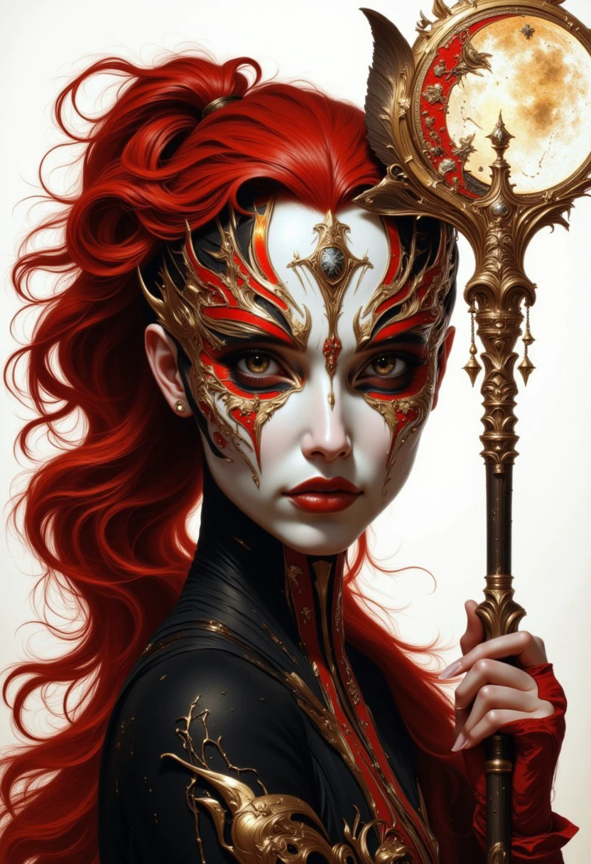 A solemn and mystical figure bathed in dim, warm light, her serene expression conveying a sense of quiet power as she stares intently at the viewer. She is adorned with a red, leather-like hair band that frames her face which is painted with a stark white base and accented by bold red and black geometric shapes that form a symmetrical, butterfly-like mask around her eyes, accentuating her otherworldly presence. Her dark, crimson hair is tied into a sleek ponytail, secured with golden accents. She wears a form-fitting black and gold garment. The staff features a crescent moon with delicate star-like embellishments and an ethereal web-like design, symbolizing a connection to the arcane. The background is white.