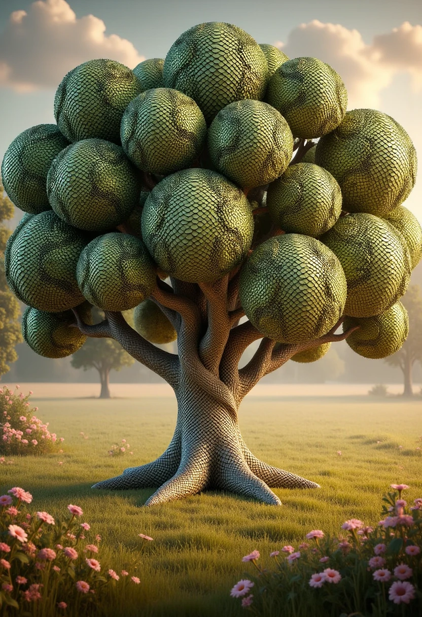 pamsnakeskin tree on a meadow with flowers and warm light