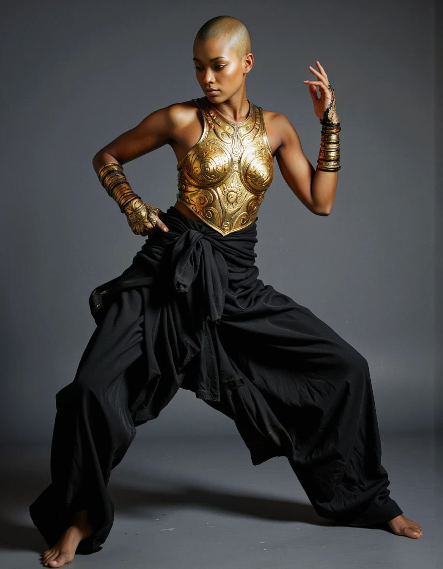 (A cinematic photography.:1.2)
A striking portrait of a slender, athletic Black warrior, exuding power and elegance, captured in a dynamic combat pose reminiscent of fluid kung-fu movements. Her shaved head highlights her smooth skin and emphasizes her intense, focused gaze. Her long, flowing black garments ripple dramatically in mid-motion, accentuating her toned, athletic physique as she prepares to strike. A gleaming, intricately detailed golden breastplate protects her chest, complemented by ornate gold bracers on her arms. <lora:Hocus_Pocus:1>