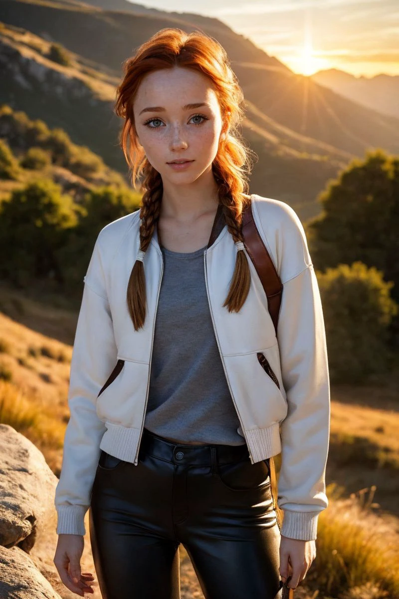 photo of S657_LilaRouge,a stunning woman,in a (mountain village),wearing a (jacket),(crewneck sweatshirt),(leather pants),(braid),(sunset),(RAW photo, best quality, 50mm, depth of field, ultra high res, intricate, photorealistic, cinematic-shot, masterpiece, ultra-detailed),