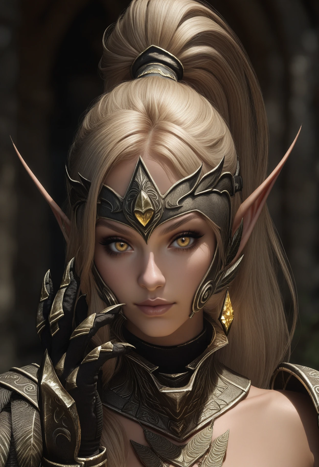 ((masterpiece, best quality, newest, absurdres, highres)),
1girl, solo, elf, pointy ears, blonde, high ponytail, yellow eyes,
hand up,
close-up, portrait, depth of field,
<lora:Dark_ElveniaArmor_Illust_v1:0.9> d4rk3lv3n14, gorget, pauldrons, gauntlets, helmet, earrings,