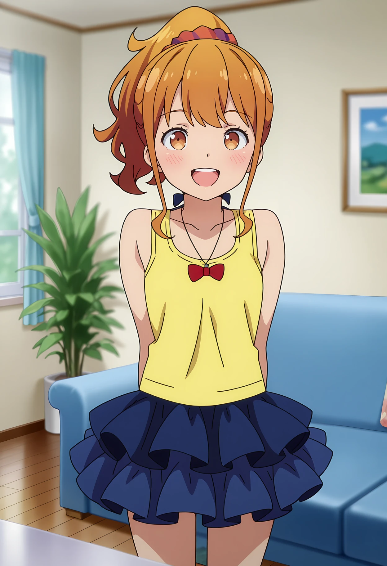 anime screencap, masterpiece, best quality,
<lora:EromangaSensei_JinnoMegumi_IlluXL:0.9>,
1girl, solo, open mouth, smile, blush, upper teeth only,
ginger hair, brown eyes, high ponytail, hair scrunchie,
MegumiCasual, yellow tank top, necklace, red bow, layered skirt, frilled skirt, blue skirt,
standing, looking at viewer, cowboy shot,
indoors, living room, couch, window, plant, blurry background