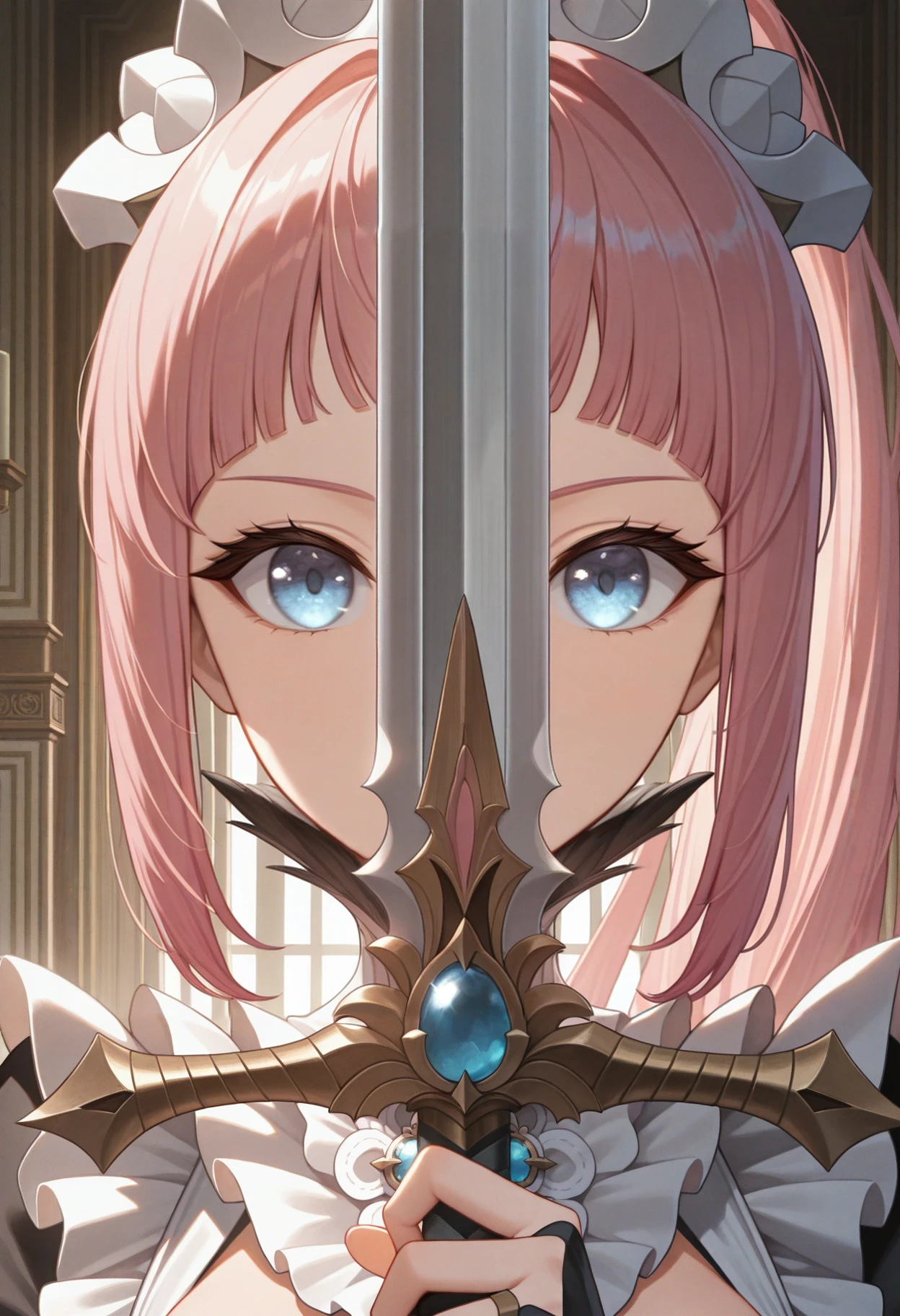 masterpiece, best quality, absurdres, highres, newest, 1girl, solo, <lora:swordsalute-pose-richy-v1_ixl:1> swordup, looking at viewer, close-up, holding sword <lora:felicia-fe-richy-v1_ixl:1> f1cdf, blue eyes, pink hair, long hair, ponytail, sidelocks, blunt bangs, maid headdress, black feathered collar, blue brooch, medium breasts, maid, juliet sleeves, maid apron, bridal gauntlets