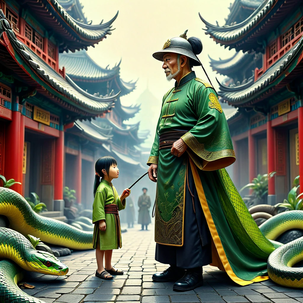 4k,anime,manga style, extremely detailed wide view of amazing scene everthing made of green and yellow snake skin, woman wearing chinese cloths, Humorous drawing,Recruit soldier,Decrepit old man with a big nose in a helmet,vintage pencil painting full of detail,watercolor,artstation,intricate details,high detail,inspiration,authors: Henry Asencio,Craig Davison,Jenny Saville,Bernie Wrightson, (HD, masterpiece, best quality, hyper detailed, ultra detailed),amazing, MJ52_v2.0Midjourneymimicsdxl, add-detail-xl, traditional_chinese_clothes_sdxl-000006, hand 5.5, sn4ke<lora:sdxl\Midjourneymimicsdxl\MJ52_v2.0Midjourneymimicsdxl.safetensors:0.55:0.55> <lora:sdxl\enhancment\add-detail-xl.safetensors:0.58:0.58> <lora:sdxl\mine\traditional_chinese_clothes_sdxl-000006.safetensors:0.56:0.56> <lora:sdxl\hand 5.5.safetensors:0.54:0.54> <lora:sdxl\morph\sn4ke-sdxl.safetensors:0.75:0.75>