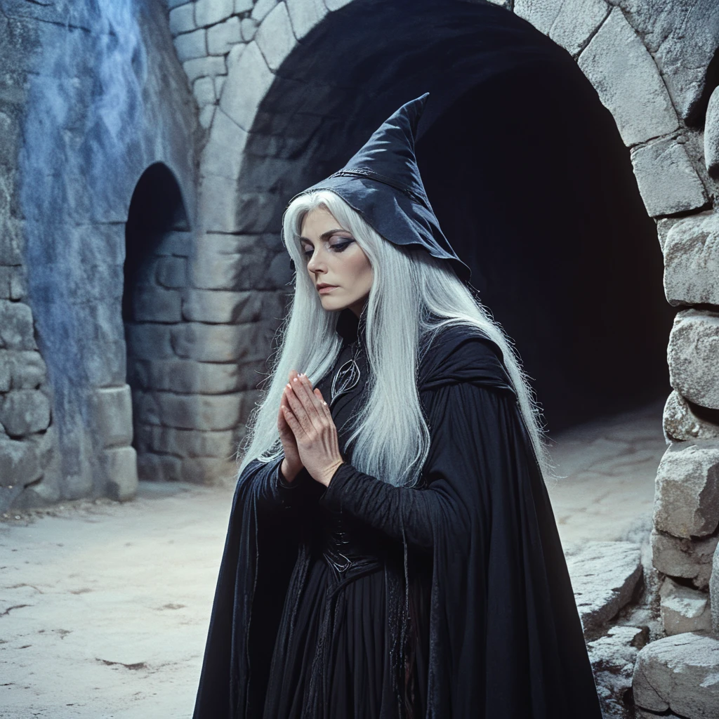 <lora:80sFantasyMovieV3SDXL:1> ArsMovieStill, 80s Fantasy Movie Still, The image shows a woman in a black cloak standing in front of a tunnel with a stone wall in the background. She appears to be a witch with long dark hair and a pointed hat. Her eyes are closed and her hands are clasped in her lap. She is standing in a contemplative pose as if she is deep in thought., 1girl, solo, moon, long hair, white hair, full moon, looking at viewer, dress, standing, blue theme