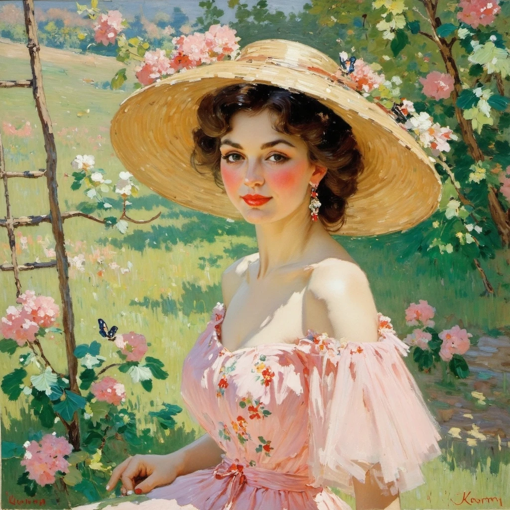 A vibrant oil painting capturing the essence of Impressionism, this artwork channels the styles of Konstantin Korovin and Wassily Kandinsky. At its heart is a portrait of a young noblewoman, radiating elegance and poise. She wears an intricately designed straw hat adorned with delicate floral patterns that dance in harmony with her soft curls cascading gently over her shoulders.
The backdrop is a flourishing spring garden, alive with the tender hues of blooming flowers. The petals shimmer with fresh dew, casting subtle iridescent reflections under the gentle caress of sunlight filtering through dappled leaves above. Vines weave gracefully around trellises, while butterflies flit about, adding movement to the serene setting.
Her gown is a flowing masterpiece in pastel tones that blend seamlessly into the landscape, suggesting an ethereal connection between the lady and nature itself. The fabric's soft textures are rendered with skillful brushstrokes, capturing both its lightness and intricate embroidery details.
The young noblewoman gazes directly at the viewer with eyes full of curiosity and gentle warmth, hinting at a story waiting to unfold. Her expression is one of quiet contemplation, perfectly in tune with her elegant surroundings. The interplay of light and shadow across her features adds depth and dimensionality, drawing attention to the tender lines of her face.
This painting, rich with dynamic colors and lively textures, invites viewers into its enchanting world, inviting them to linger in the beauty of a moment forever captured on canvas.