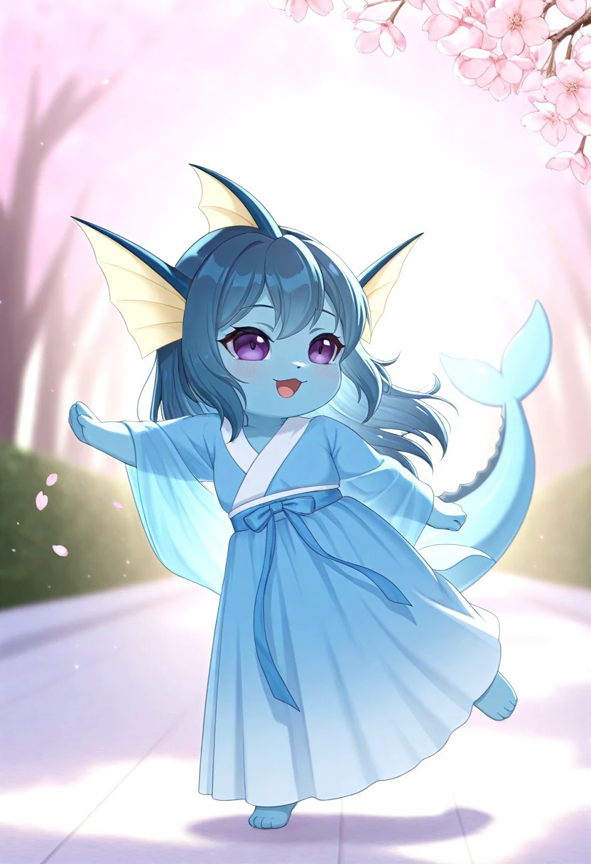 68G, (cute, short stack, chibi, anthropomorphic Vaporeon:1.2), 1girl, solo, dancing, cherry blossoms, dynamic pose, hanfu dress, masterpiece, best quality, amazing quality, very aesthetic, high resolution, ultra-detailed, absurdres, newest, very awa, dynamic lighting, photorealistic detail, detailed face, detailed eyes, detailed hair, depth of field, scenery, volumetric lighting