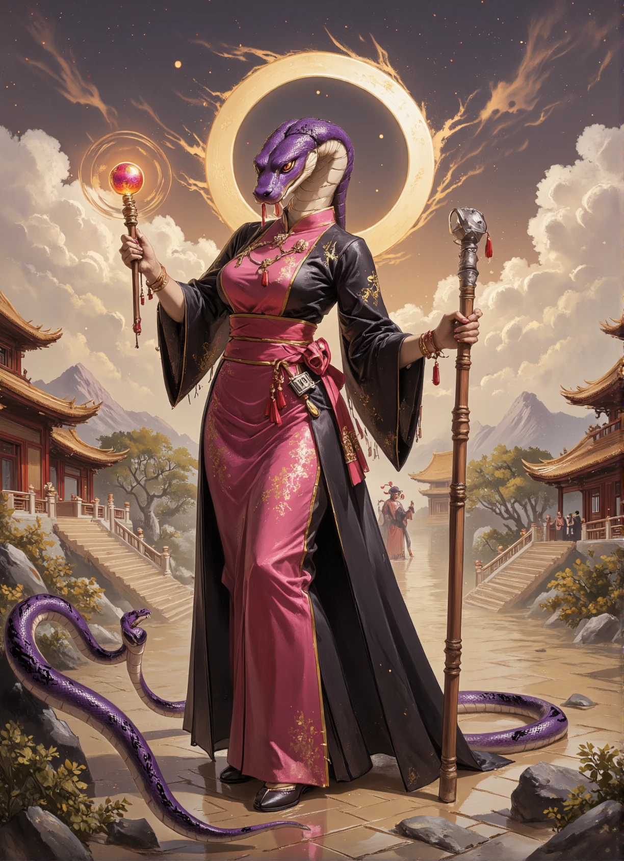 Ink Dripping Drawing, watercolor painting Chinese Gongbi art, dark fantasy art, a semi-realistic oil painting of an anthropomorphic cobra, painted onto a folding Shoji changing screen, in the style of Forgotten Realms and D&D, inspired by the Chinese year of the Snake and Chinese culture, shape-shifter, beautiful snake woman, large head of a cobra, large long cobra face, yellow snake eyes, short neck, lateral expansion of her neck skin and underlying musculature, venomous fangs, humanoid arms and hands, long sharp deadly fingernails, long cobra tail, (anthro cobra), Yuan-ti from Dungeons & Dragons, slithering gracefully along the ground with her purple snake-like torso upright, medium covered breasts, a mysterious woman hidden in shadow and surrounded by magical energy, master of the elements and arcane spellcraft, imbued with the abilities of a god at birth, she is able to bend both time and space to her will with a simple hand movement and a spoken word, ambitious, greedy, malevolent, enticing, mysterious, black Hanfu formal dress, [no longer does she have the need to walk or ride, teleportation and levitation are her forms of locomotion, omnipresent in the way that she can see and hear the entire world around her all at once, isolated and lonely with only her unlimited power to keep her sane], wizard, sorceress, holding a long magical metallic silver staff with a glowing gem at its tip, cunning, chaotic, dangerous, fantastic mythical creature, evil eyes, dark purple serpent skin,  Pink Hanfu formal dress, aggressive, mischievous, troublemaker, cunning trickster, beautiful and terrifying, deadly, lunar eclipse in the shape of a coiled serpent, background of The Forbidden City background, Phoebe Zhennan wood structures with golden tile rooftops and lines of statuettes led by a man riding a phoenix and followed by an imperial dragon, marble courtyards and archways, golden bricks form intricate patterns along the many roads in the palace complex, large stone walls surround the perimeter providing safety and security to those within, an awesome sight be behold in not only its size but its beauty as well , indirect lighting, shadows, hard edges, sleek contours, (year of the Snake theme) <lora:Prog420_YoS_Flux:1> <lora:Anthropomorphic_Fantasy_DnD_Illustrations:0.8> <lora:china_songdai_shuimo:0.8> . vibrant, beautiful, painterly, detailed, textural, artistic, ink drawing, dripping ink