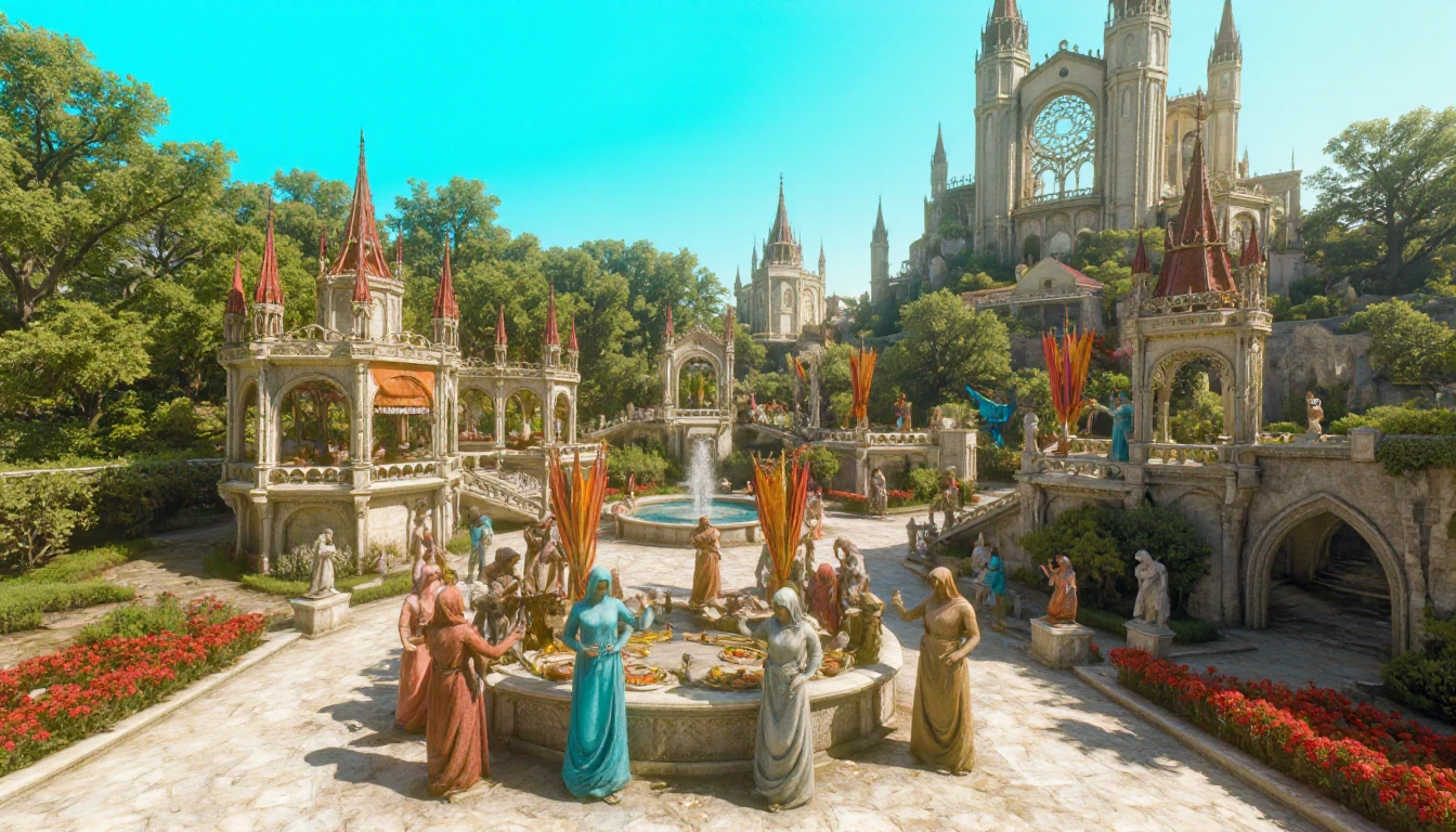 W3ATMST. The image is a vibrant digital painting depicting a lively festival taking place in the royal gardens of a grand castle. Colorful banners and streamers flutter in the gentle breeze, strung between ornate gazebos and flowering trees. The gardens are meticulously manicured, with vibrant flowerbeds, sculpted hedges, and sparkling fountains. People in festive attire, some in masquerade masks, mingle and dance to the music of unseen musicians. In the foreground, a group of elegantly dressed figures are gathered around a table laden with food and drink. The castle itself, with its gleaming white walls and tall spires, rises majestically in the background. The sky is a clear, light blue, and the sunlight casts a warm, inviting glow over the scene. The overall mood is one of joy, celebration, and abundance.