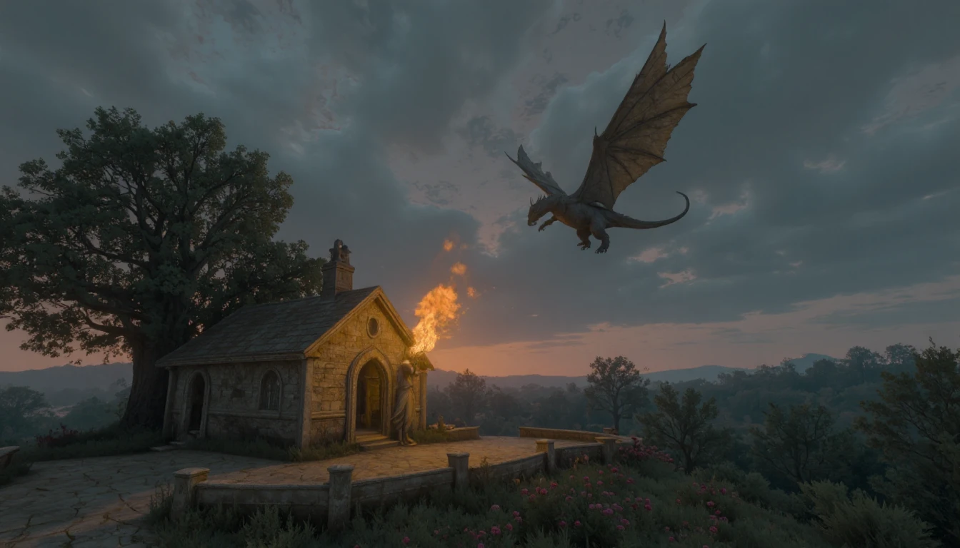 W3ATMST. Dark fantasy art of a dragon flying over the farm land, blowing fire at the farmerâs wooden cottage, smoky, cloudy sky, grim atmosphere