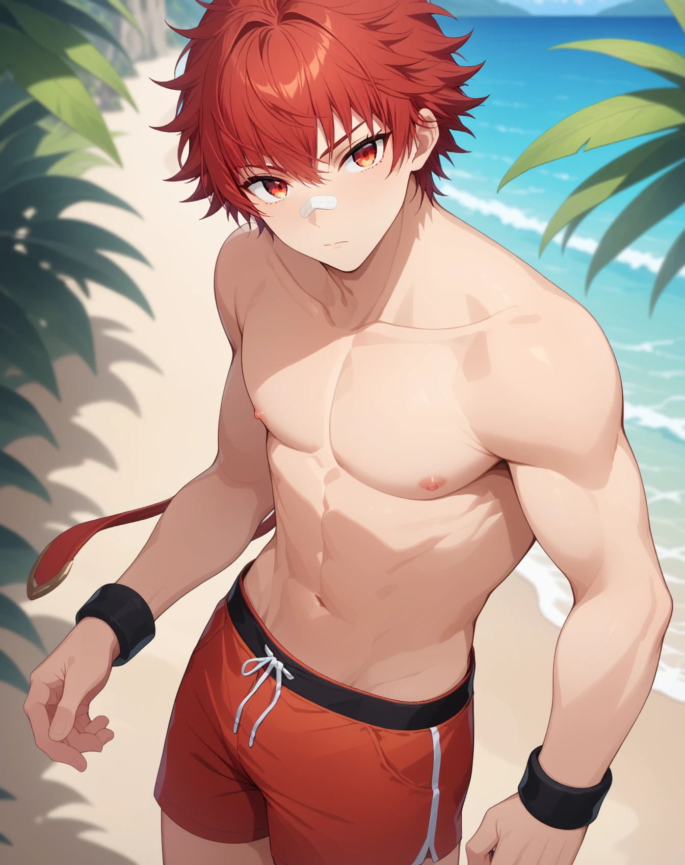 naked, beach, Erotic Poses, 8k, Object Detail, man, 35 years, Red hair, small fox ears, full height,