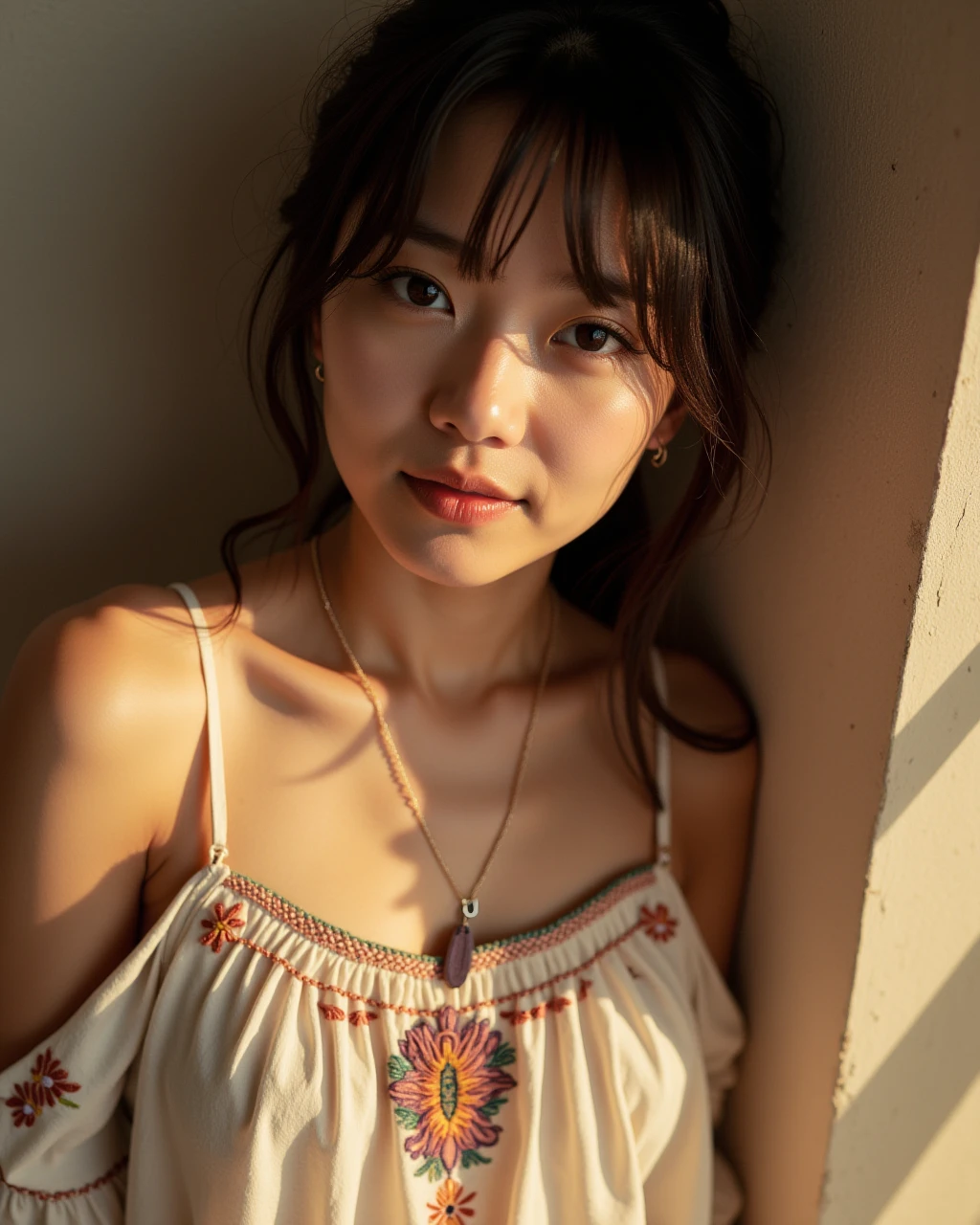 A raw photo of a K-POP asian girl wearing a style dress, captured in a close-up shot. Her skin glows under natural light, highlighting the fine details of her attire and accessories, which include subtle jewelry that enhances the boho charm. Loose strands of her hair fall gently around her face, framing her features with a relaxed, carefree vibe. The intricate patterns of her dress, made of light, flowing fabric, showcase delicate embroidery and soft earthy tones, which reflect the free-spirited essence of the bohemian aesthetic. The texture of the fabric is richly detailed, and the soft shadows bring out the depth of the image, creating a warm and intimate atmosphere.
<lora:hinaFluxAsianMixLora_v4:0.7>