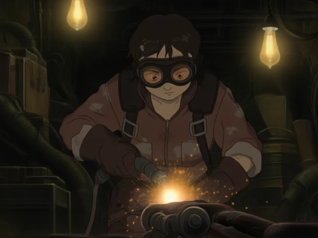 Katsuhiro Otomo style. Vertigo Shot. A young woman with goggles and a grease-stained jumpsuit, welding sparks flying as she repairs a robotic arm. The background is a cluttered underground workshop, illuminated by swinging incandescent bulbs.