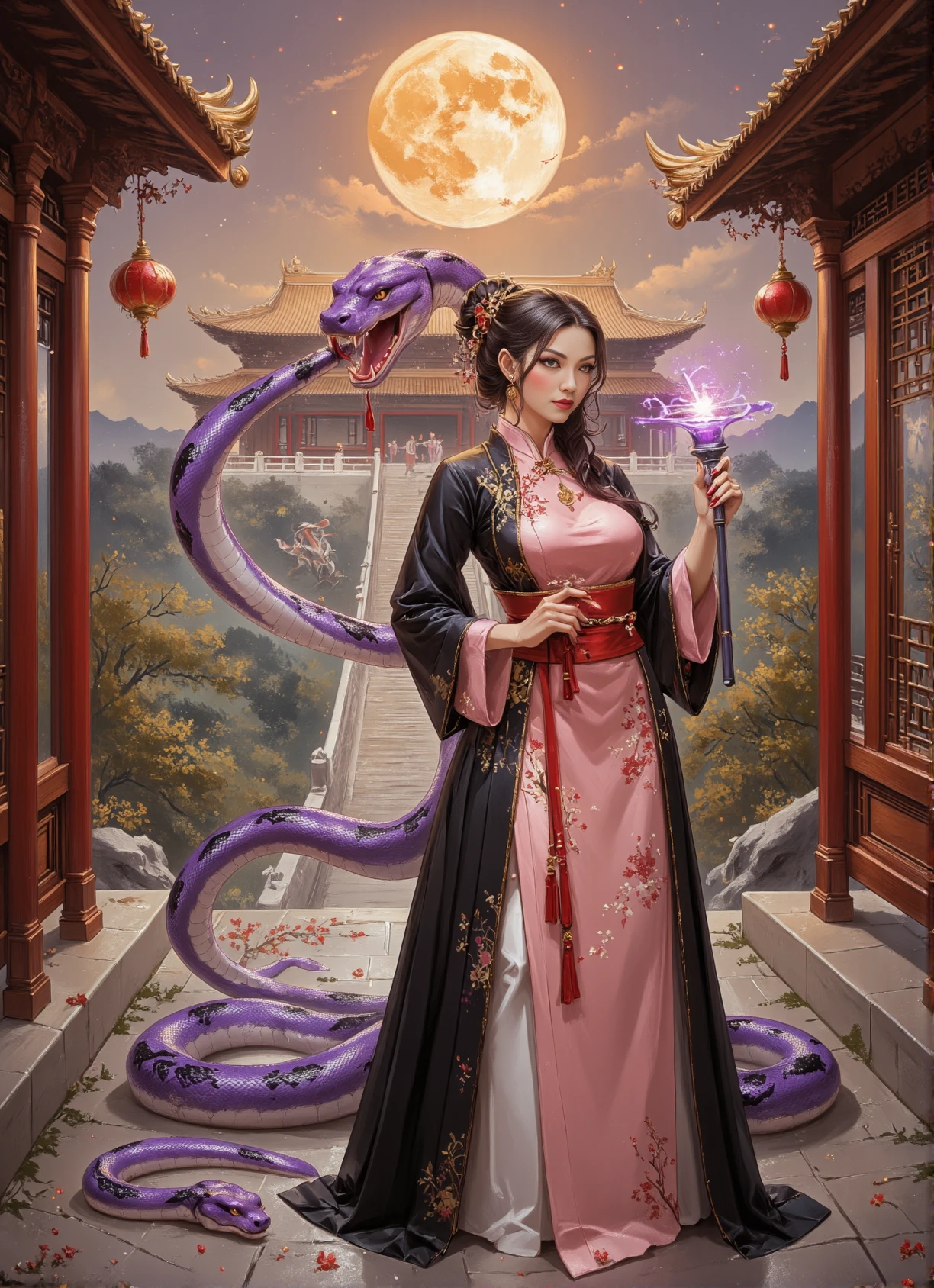 Ink Dripping Drawing, watercolor painting Chinese Gongbi art, dark fantasy art, a semi-realistic oil painting of an anthropomorphic cobra, painted onto a folding Shoji changing screen, in the style of Forgotten Realms and D&D, inspired by the Chinese year of the Snake and Chinese culture, shape-shifter, beautiful snake woman, large head of a cobra, large long cobra face, yellow snake eyes, short neck, lateral expansion of her neck skin and underlying musculature, venomous fangs, humanoid arms and hands, long sharp deadly fingernails, long cobra tail, (anthro cobra), Yuan-ti from Dungeons & Dragons, slithering gracefully along the ground with her purple snake-like torso upright, medium covered breasts, a mysterious woman hidden in shadow and surrounded by magical energy, master of the elements and arcane spellcraft, imbued with the abilities of a god at birth, she is able to bend both time and space to her will with a simple hand movement and a spoken word, ambitious, greedy, malevolent, enticing, mysterious, black Hanfu formal dress, [no longer does she have the need to walk or ride, teleportation and levitation are her forms of locomotion, omnipresent in the way that she can see and hear the entire world around her all at once, isolated and lonely with only her unlimited power to keep her sane], wizard, sorceress, holding a long magical metallic silver staff with a glowing gem at its tip, cunning, chaotic, dangerous, fantastic mythical creature, evil eyes, dark purple serpent skin,  Pink Hanfu formal dress, aggressive, mischievous, troublemaker, cunning trickster, beautiful and terrifying, deadly, lunar eclipse in the shape of a coiled serpent, background of The Forbidden City background, Phoebe Zhennan wood structures with golden tile rooftops and lines of statuettes led by a man riding a phoenix and followed by an imperial dragon, marble courtyards and archways, golden bricks form intricate patterns along the many roads in the palace complex, large stone walls surround the perimeter providing safety and security to those within, an awesome sight be behold in not only its size but its beauty as well , indirect lighting, shadows, hard edges, sleek contours, (year of the Snake theme) <lora:Prog420_YoS_Flux:1> <lora:Anthropomorphic_Fantasy_DnD_Illustrations:0.8> <lora:china_songdai_shuimo:0.8> . vibrant, beautiful, painterly, detailed, textural, artistic, ink drawing, dripping ink