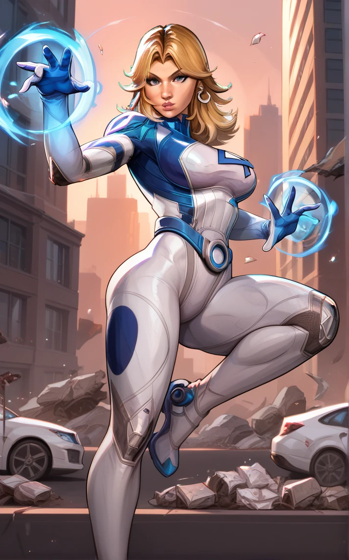 score_9, score_8_up, score_7_up, absurdres, full body, aura, powering up, energy, fighting stance, serious, debris, aura, powering up, energy, fighting stance, serious, debris, falling petals, <lora:PONYXL_MarvelRivalsSueStorm_ownwaifu:1>, BREAK PONYXL_MarvelRivalsSueStorm_ownwaifu, 1girl, blue belt, blue bodysuit, flipped hair, long legs, narrow waist, number print, skin tight, toned, two-tone bodysuit, white bodysuit, blonde hair, blue eyes, lips, long hair, jewelry, medium breasts, hoop earrings, nose, gloves, large breasts, superhero, earrings, blue gloves, parted bangs, multicolored clothes, bangs, pilot suit, white gloves, multicolored bodysuit, shiny hair, pink lips, thick eyebrows, thick thighs, turtleneck, covered abs, <lora:add-detail-xl:0.15>,