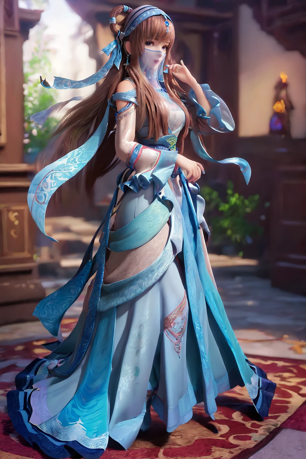 score_9,score_8_up,score_7_up,pov,1girl,full body,standing,
1girl,looking at viewer,
Best quality,masterpiece,soft light,official art,masterpiece,high quality,highres,absurdres,<lora:Gao Yue Pony:1>,gao yue,long hair,brown hair,jewelry,veil,blue chinese clothes,