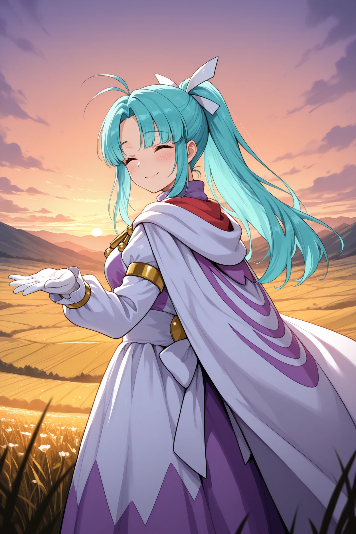 masterpiece, best quality, 1girl, solo, <lora:gsmia-illu-nvwls-v1-000005:1> m1a, aqua hair, parted bang, high ponytail, long hair, antenna hair, sidelocks, closed eyes, hair ribbon, cape, two-tone dress, white and purple dress, long sleeves, long dress, white gloves, happy, blush, from side, from behind, outstretched hand, reaching out, sunset, field, hill, valley, looking at viewer