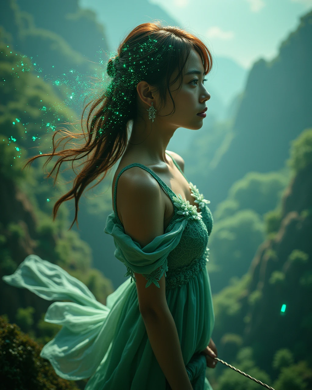 A beautiful and youthful asian girl, 19 years old, showcases her striking looks with a slender body, perfect face, exquisite eyes, and luscious lips., Capture a photorealistic portrait of an enigmatic individual, blending elements of ancient mythology with modern digital artistry. The subject, a mid-30s woman with flowing chestnut hair and mesmerizing emerald eyes, stands in the foreground of an ethereal landscape that seamlessly merges technology and nature. From a unique 'bug's-eye view,' observe her as she delicately balances on a thin wire suspended high above a vibrant, sprawling cybernetic forest. The scene evokes a sense of wonder and intrigue, with the woman's determined gaze fixed upon distant galaxies reflected in her eyes, while a gentle breeze carries soft tendrils of circuitry through her hair. This innovative fusion of ancient symbolism and cutting-edge digital illustration results in an emotional gradient that captivates and transports viewers to a world where dreams and technology intertwine.
<lora:hinaFluxAsianMixLora_v4:0.7>