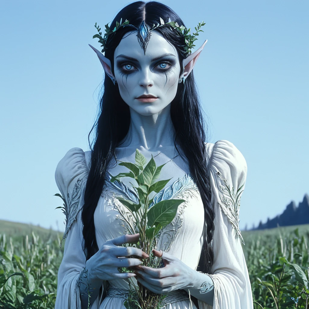 <lora:80sFantasyMovieV3SDXL:1> ArsMovieStill, 80s Fantasy Movie Still, The image shows a woman in a white dress standing in a field holding a plant in her hand. She has a human face and is surrounded by plants and a clear blue sky., 1girl, solo, pointy ears, long hair, closed eyes, elf, colored skin, black hair, blue skin, realistic