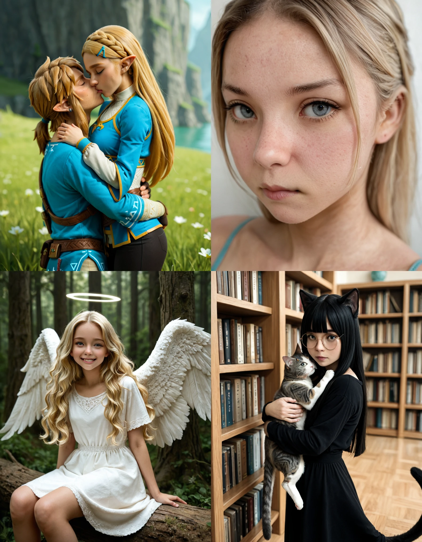 https://civitai.com/articles/8642 __ 1st image: masterpiece, best quality, 1girl, 1boy, princess zelda, the legend of zelda: breath of the wild, standing, kiss, hug, closed eyes, outdoors __ 2nd image: masterpiece, best quality, 1girl, face, portrait, looking at viewer, closed mouth __ 3rd image: masterpiece, best quality, 1girl, solo, blonde hair, wavy hair, angel, angel wings, halo, smile, sitting, forest, white dress __ 4th Image: masterpiece, best quality, 1girl, solo, long hair, black hair, blunt bangs, straight hair, round eyewear, cat girl, cat ears, cat tail, standing, hug, cat, looking at viewer, library