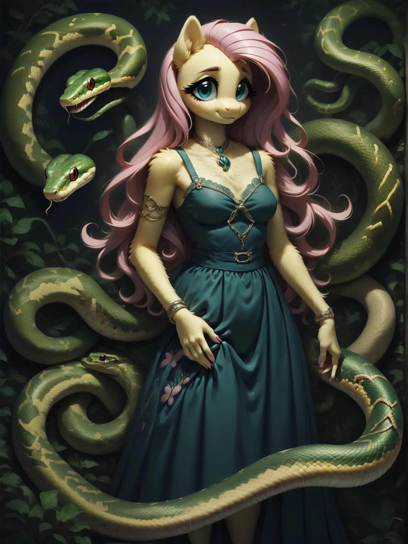 score_9, score_8_up, score_7_up, score_6_up, 1girl, solo, (Fluttershy:1.3) \(mlp\), (anthro pony:1.1), tail, dress,
<lora:Serpent_World:1> snake, <lora:Anime Summer Night Style SDXL_LoRA_Pony Diffusion V6 XL:0.5> <lora:Realistic000003_1_2.5DAnime_0.05_Merge1:0.5> <lora:MegaFluffyPony:0.5> MegaFluffyPony, furry, fluffy, dark theme, low light,