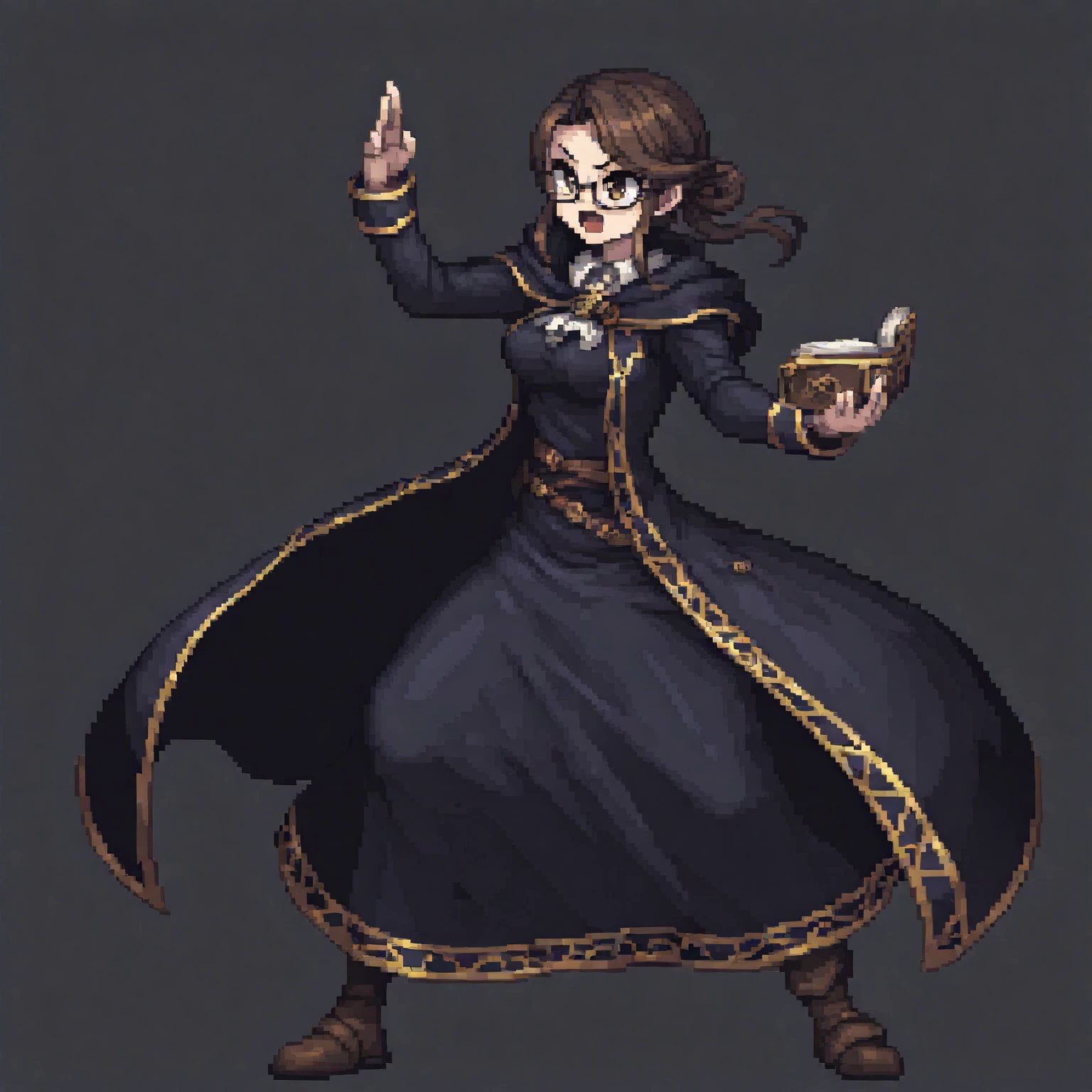 octopath_boss, pixel perfect, pixel art, pixel art style, 16-bit style, retro game graphics, low resolution pixel art, high quality pixel art, detailed pixel art, clean pixel art, sharp pixels, pixelated, square pixels, limited color palette, dithering, clean edges, solo, side view, action pose, 1girl, glasses, robe, scholar, black cloak, yellow trim, overcoat, professor's coat, side view, battle sprite, battle ready, book, open book, flowing robe,