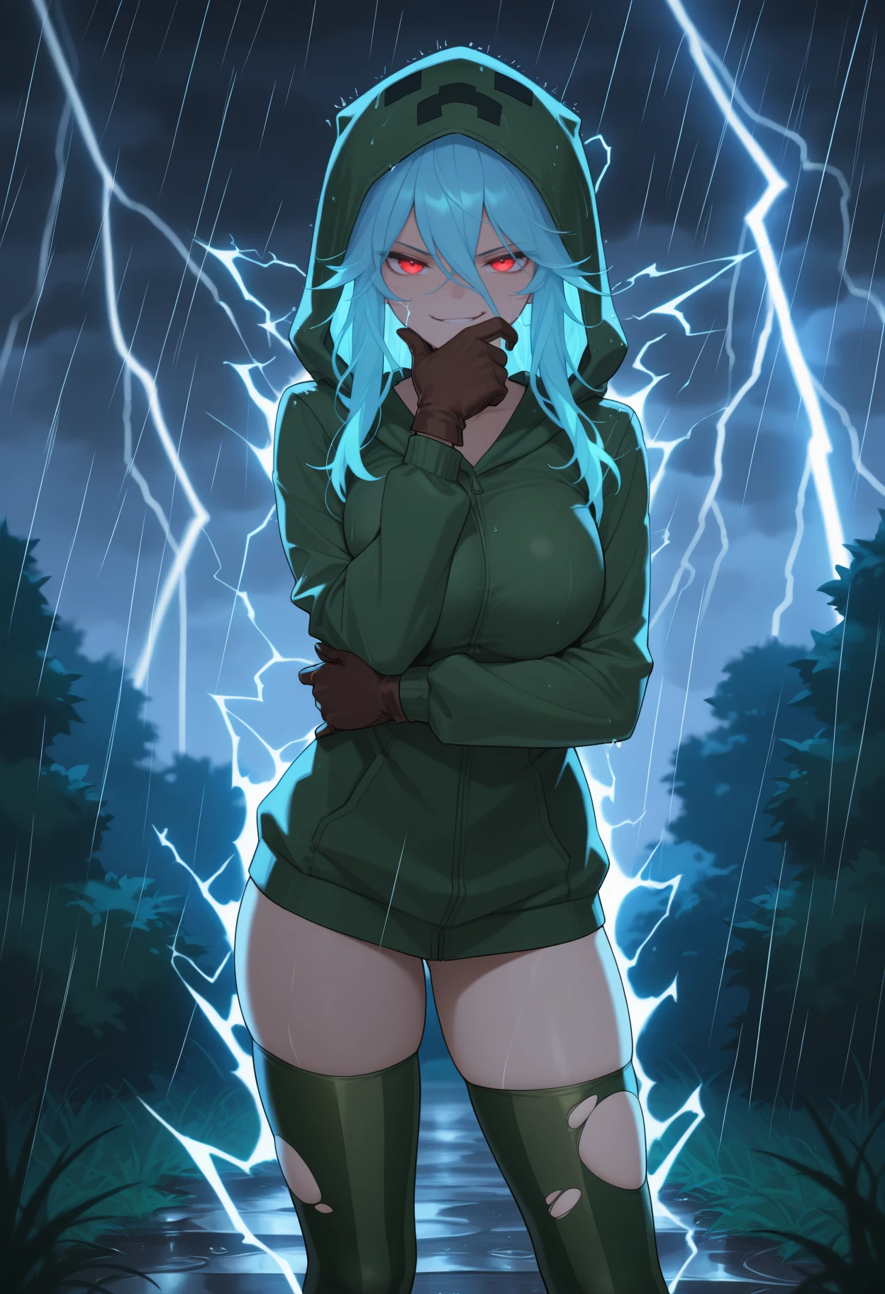 masterpiece, best quality, solo, 1girl, smirk, looking at viewer, standing, hand on own chin, hand on own elbow, long hair, blue hair, hair between eyes, red eyes, green hoodie, hood up, long sleeves, brown gloves, green thighhighs, torn thighhighs, large breasts, outdoors, night, rain, storm, lightning, grass, bush, electricity, aura
<segment:yolo-Anzhc Face seg 640 v2 y8n.pt,0.4,0.5//cid=1>