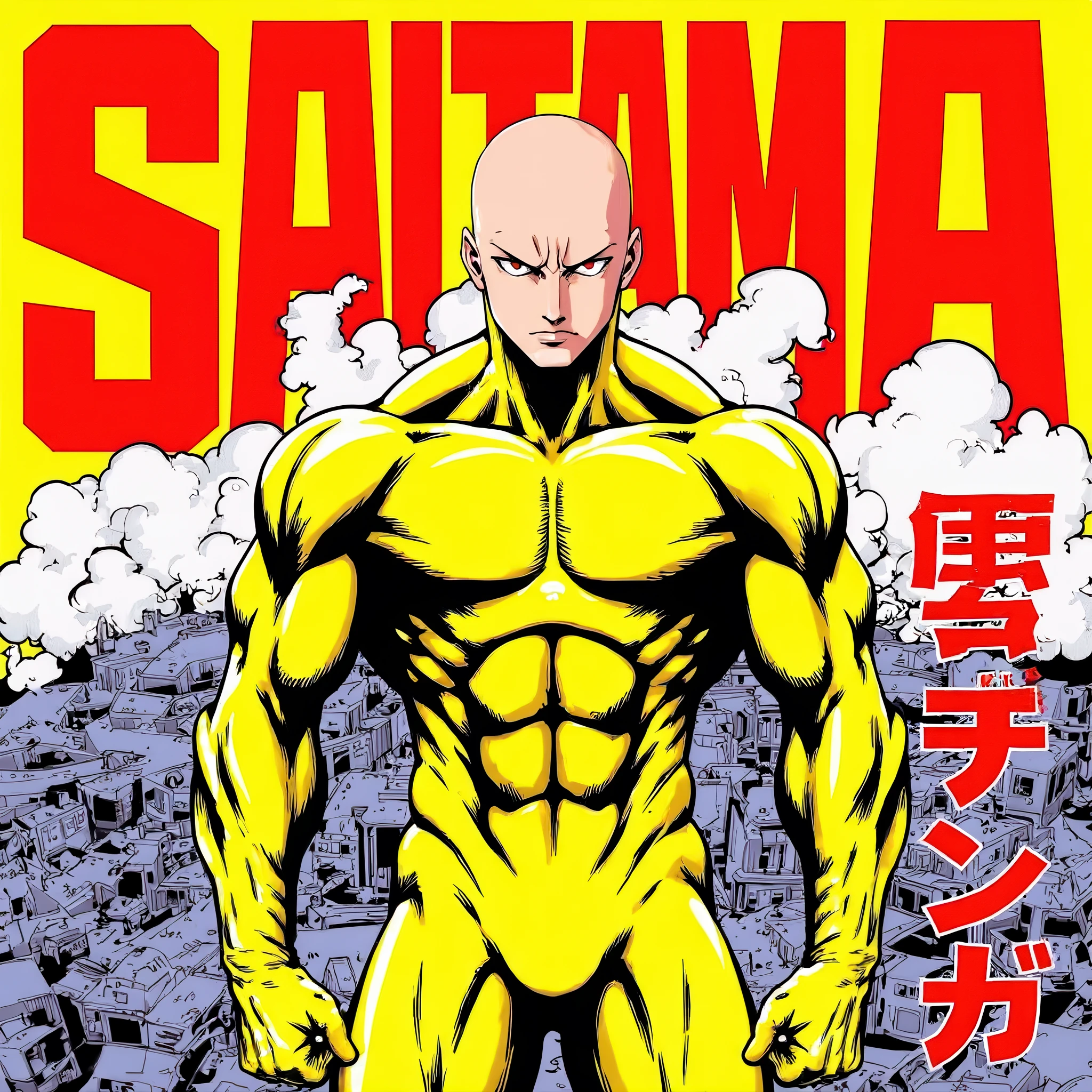 (Mad Magazine cover) Alfred E Neuman as One Punch man Saitama in a heroic pose with classic Newman smile, Tatsumaki (extremely sexualized, big butt, big boobs, classic dress) very mad jumping up and down yelling at Saitama, bloody remains of a beast all over the crowd and downtown Tokyo
