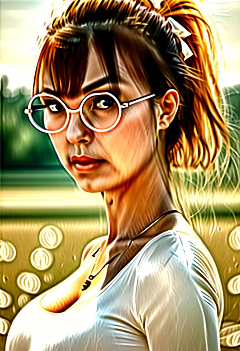 Voluptuous, stroppy 25 years old woman, mascara, long eye-lashes, eyeliner, sulky, Dark-brown Bowl-cut. Thick glasses, tight blouse, tie, looking down
<lora:Belinda79:0.7>