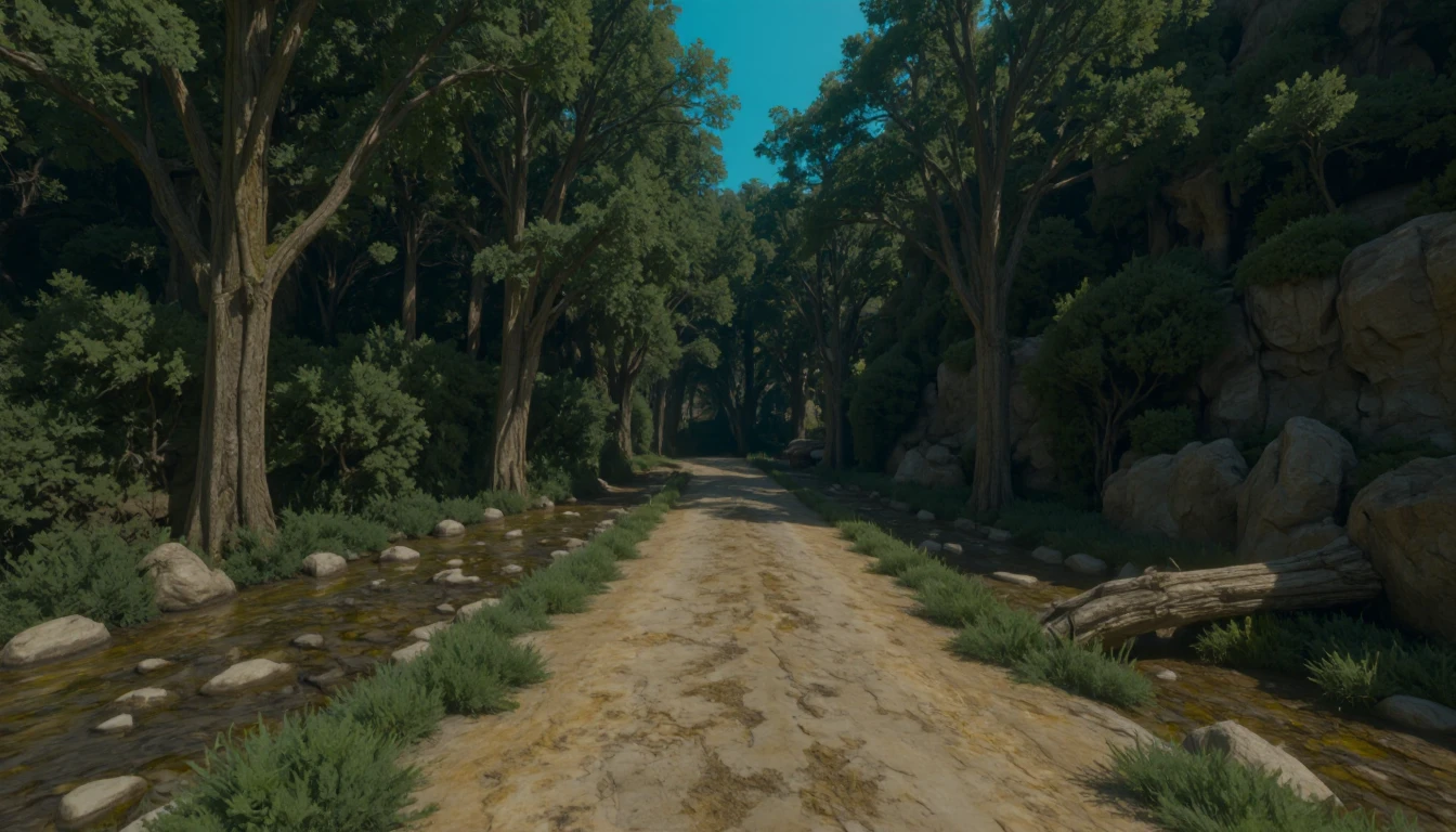 W3ATMST. The image is rendered in a digital painting style, commonly seen in older video games, characterized by its blocky, low-resolution appearance. It depicts a tranquil forest scene, viewed from a slightly elevated perspective. A winding dirt path bisects the frame, receding into the background between numerous trees. The trees, with their dark brown trunks and lush green foliage, dominate the landscape, creating a sense of enclosure and depth. On either side of the path, a shallow, meandering stream flows over smooth, rounded stones. A rocky outcrop on the right side adds a rugged element to the composition. The lighting in the image suggests a dappled sunlight filtering through the trees, creating highlights and shadows that define the forms of the landscape and add to the overall mood. A dead tree trunk in the lower foreground gives depth to the image. The overall atmosphere is one of peacefulness and seclusion, with a hint of mystery stemming from the dark, shaded areas within the forest. The combination of the pixelated style, the natural elements, and the soft lighting evokes a sense of nostalgia.