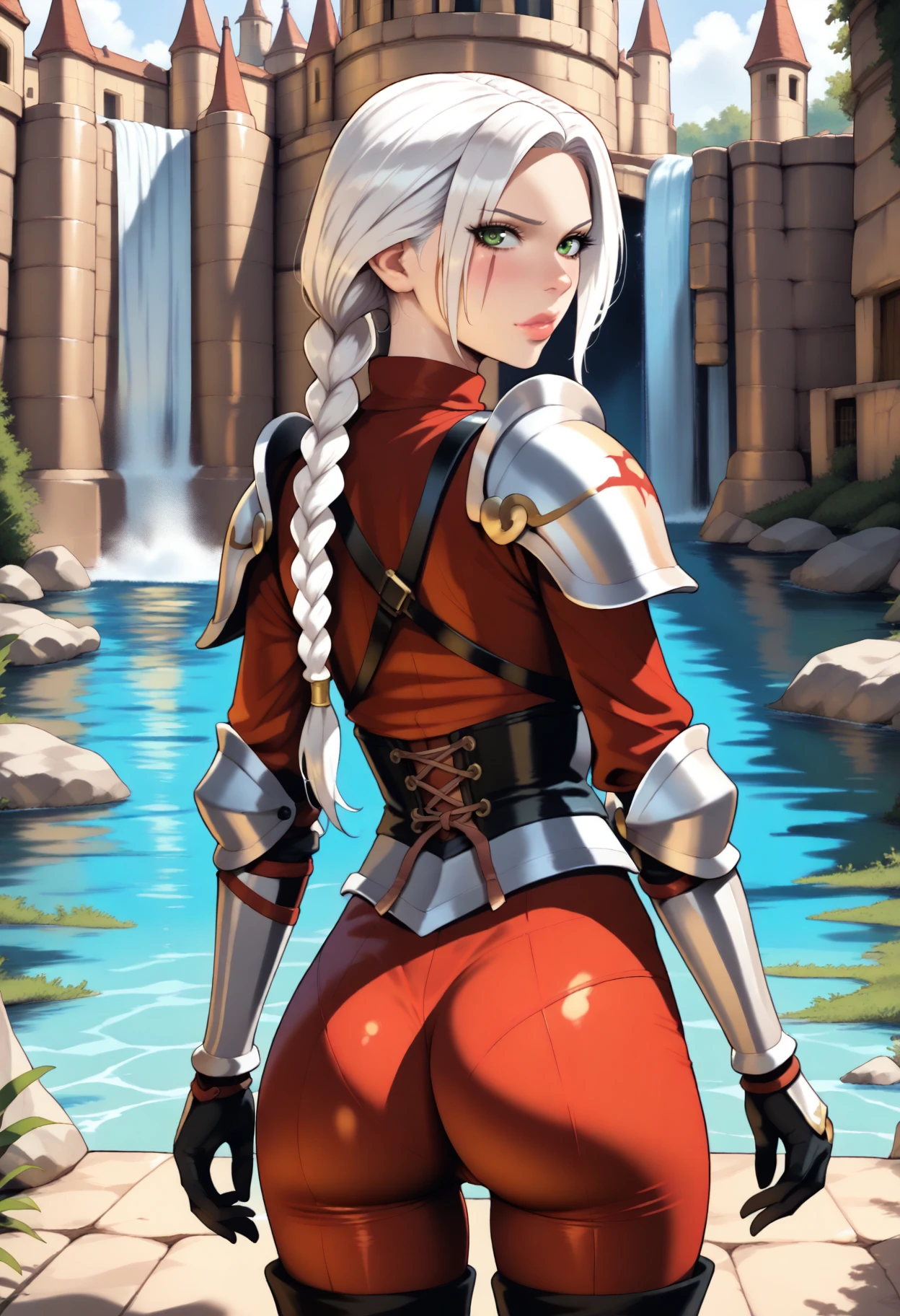 score_9, score_8_up, score_7_up, score_6_up, realistic, <lora:nm_fitbutt_Ill:1>,nm_fitbutt, 1girl, ass, solo, braid, long hair, looking at viewer, scar, looking back, armor, green eyes, scar on face, gloves, pants, from behind, shoulder armor, scar across eye, waterfall, white hair, water, outdoors, fur trim, lips, corset, braided ponytail, back, long sleeves, patreon username, thigh boots, castle, pauldrons