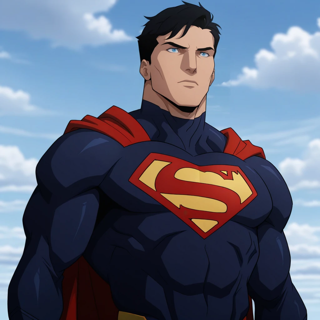masterpiece, best quality, high quality, DCAMU, 1boy, solo, black hair, short hair, blue eyes, muscular male, bodysuit, superman, cape, upper body, <lora:DCAMU_Style_illustrious_Leaf1:1>, blue sky, cloudy sky,