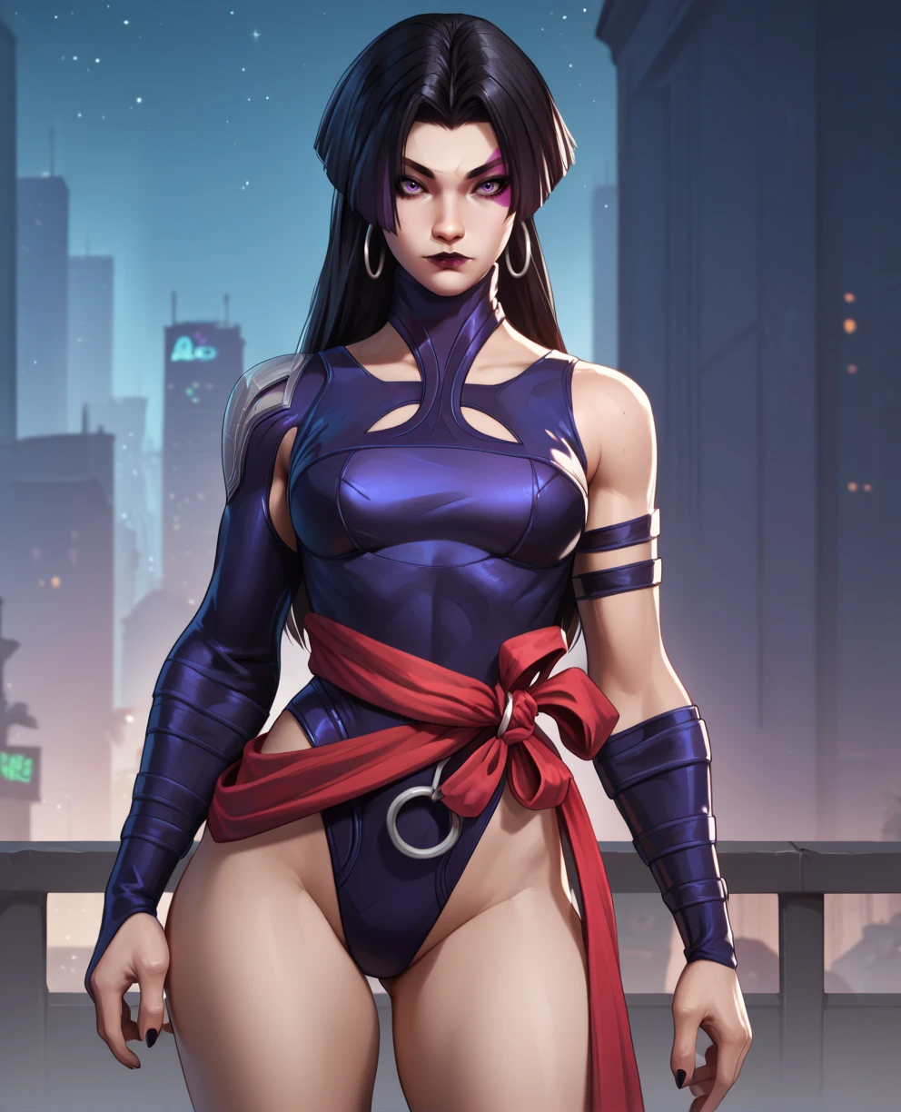 score_9,score_8_up,score_7_up,score_6_up,score_5_up,score_4_up,
psylckmr,purple eyes,facial mark,black hair,long hair,hoop earrings,lipstick,
leotard,
looking at viewer,red sash,
standing,
night,city,<lora:PsylockeMR-xl12v2:0.9>,mid_shot,