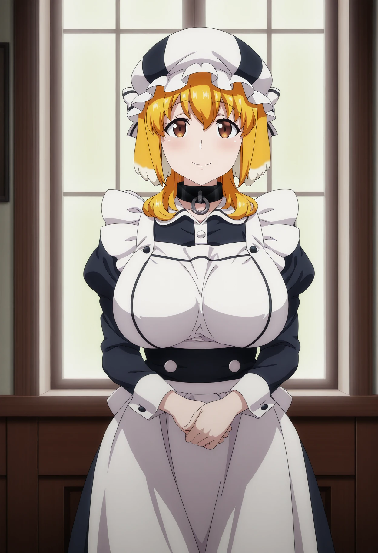1solo girl female Roxxane, cute, maid victorian, maid apron, straight face, dazed, Body position: Standing, straight, symmetrical, barefoot, fluffy ears, milf bimbo lustful smirking smile red blush red cheeks, chain leash, kneeling, shackles, leather black collar slave, 2 high ponytails