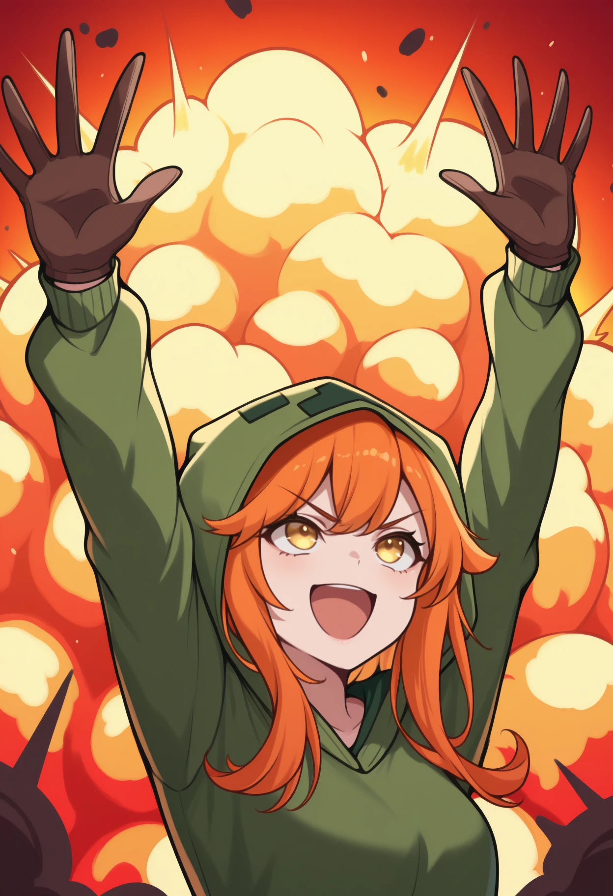 masterpiece, best quality, upper body, solo, 1girl, :d, looking up, arms up, outstretched arms, orange hair, yellow eyes, v-shaped eyebrows, green hoodie, hood up, long sleeves, brown gloves, explosion, fiery background
<segment:yolo-Anzhc Face seg 640 v2 y8n.pt,0.4,0.5//cid=1>