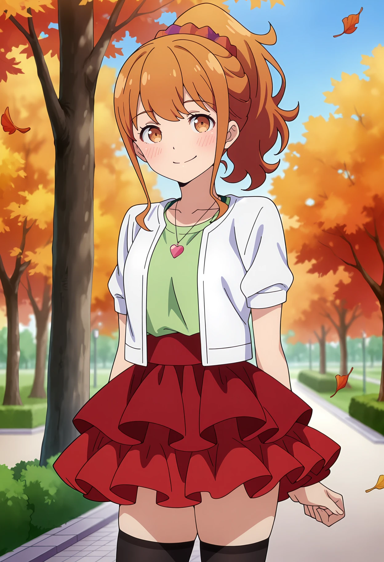 anime screencap, masterpiece, best quality,
<lora:EromangaSensei_JinnoMegumi_IlluXL:0.9>,
1girl, solo, closed mouth, smile, blush,
ginger hair, brown eyes, high ponytail, hair scrunchie,
MegumiCasualTwo, open jacket, white jacket, green shirt, heart necklace, short sleeves, layered skirt, frilled skirt, red skirt, black thighhighs,
standing, looking at viewer, cowboy shot, arms at sides,
outdoors, park, blue sky, tree, autumn, falling leaves, blurry background