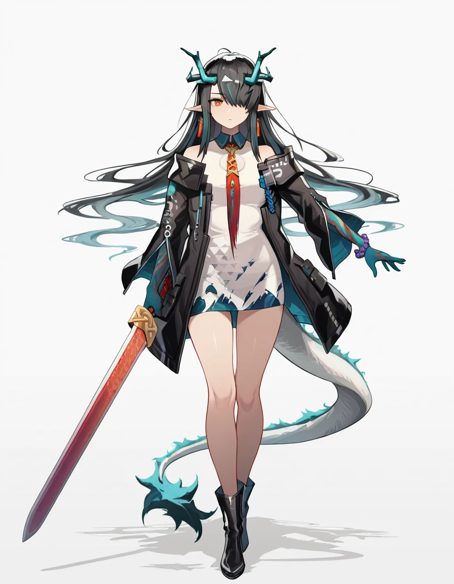 (masterpiece), (best quality), (ultra-detailed), dusk (arknights), long hair, one eye covered, dusk dragon tail, duskdef, dusk dress, dusk necktie, dusk jacket, open jacket, beads bracelet, tassel earrings, white background, looking at viewer, detailed face, detailed fingers, thighs, full body, outstretched arm, holding sword, illustration, disheveled hair, detailed eyes, perfect composition, moist skin, intricate details, earrings