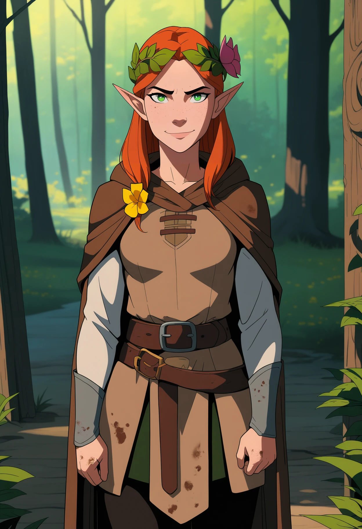 masterpiece, best quality, very aesthetic, absurdres,
1girl, medieval fantasy, portrait, solo, green eyes, female druid, leaf laurel wreath, hair flower, elf, simple tunic, brown robe, wood, dirty clothes, skirt, cape, pants, leather belt, buckle,
gentle smile, forest, flowers, trees, outdoors, nature, outdoors, nature, looking at viewer <lora:PhilBourrassaWesternArtstyleNoobLocon_byKonan:1>
