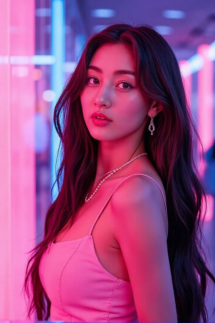 <lora:fluxx-jihyo:1> j!h,, , masterpiece, best quality, a woman with long hair and a pink top is posing for a photo in a neon light with her hair blowing in the wind, Elina Karimova, soft lights, a hologram, private press