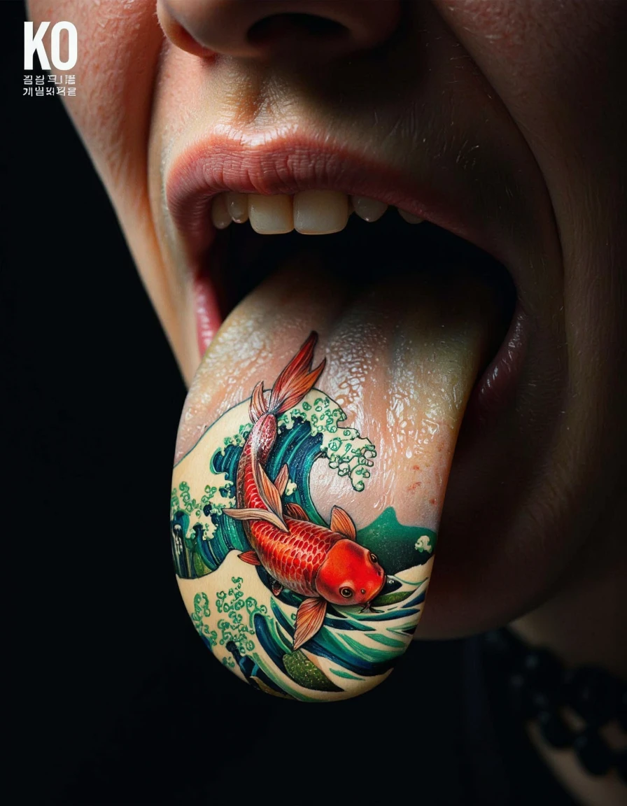 A high-resolution photograph featuring a close-up of a person's open mouth. The person's lips are slightly parted, revealing white teeth and the inner lining of the mouth. The most striking feature is a large, detailed tattoo on the person's tongue. The tattoo depicts a vibrant, realistic image of a koi fish swimming in a sea of green waves. The koi fish is a rich red color with intricate scales and fins, and the waves are rendered in shades of green and blue, with white foam at the crest. The background of the image is dark, making the colors of the tattoo and the person's lips stand out more prominently. In the top left corner, there is a logo with the initials "K.O." in white, and underneath it, there is text in Korean, which appears to be the name of the tattoo artist or the studio. The texture of the tattoo is smooth and realistic, with shading that adds depth and dimension to the fish and waves. The overall style of the image is modern and artistic, emphasizing the beauty and skill of the tattoo. <lora:Hocus_Pocus:0.9>