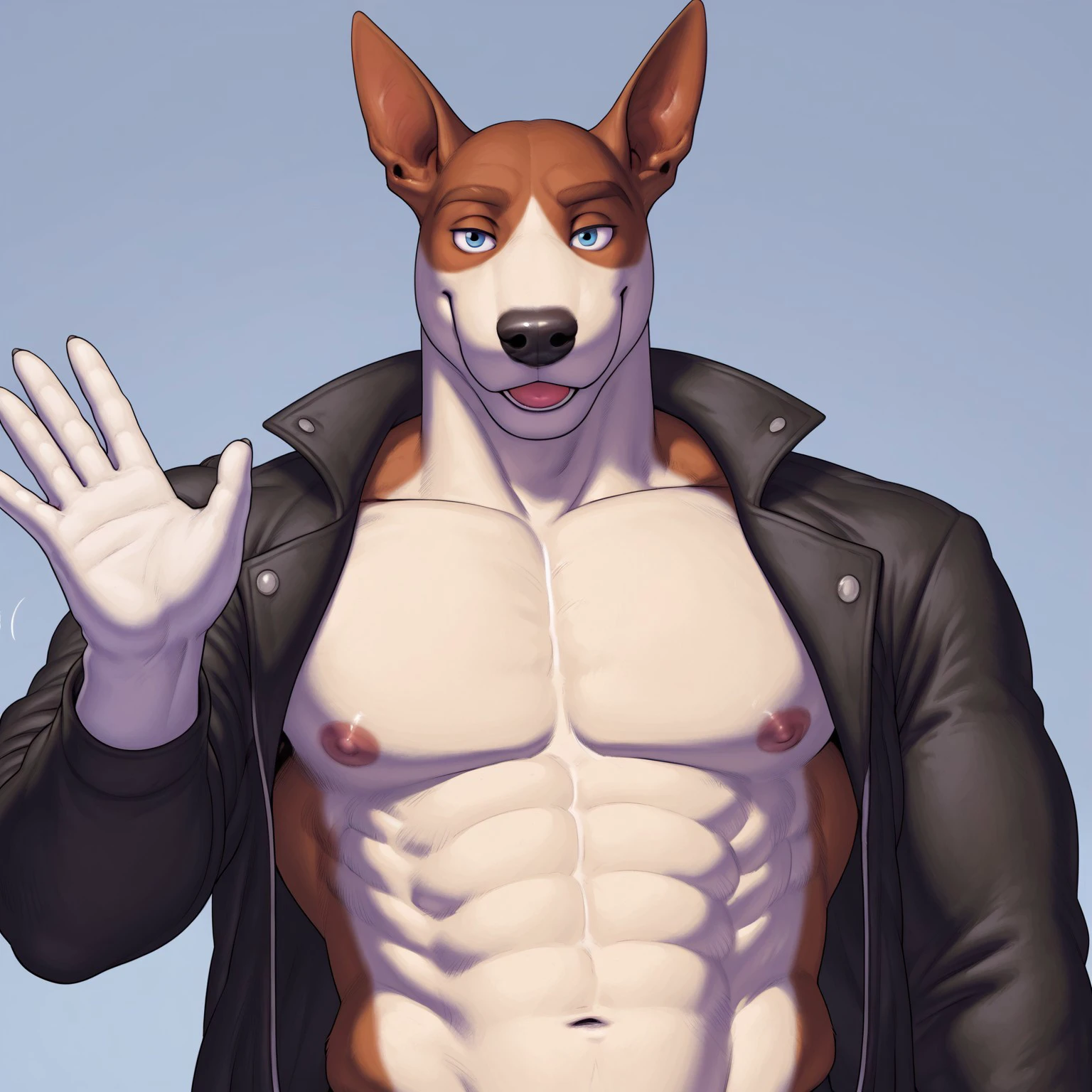 safe_pos, score_9, score_8_up, score_7_up, Expressiveh, masterpiece, best quality, highly detailed, realistic, 1boy, solo, (DanMH, furry, anthro, canine, bull terrier, brown eyebrows, blue eyes, black pupils, black nose, brown body, white body, two tone body, black jacket, muscular male, abs, pink nipples), upper body, close-up, ((blue background, simple background, white hands)), smile, looking at viewer, dutch angle, waving, open mouth, tongue, (((open jacket)))