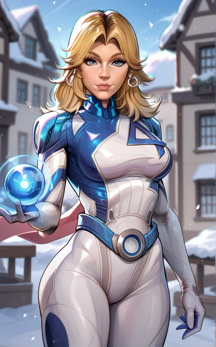 score_9, score_8_up, score_7_up, standing, blue eyes, black hair, solo focus, snow, magic, blurry, orb, looking at viewer, fire, blurry background, flag, banner, snowing, depth of field, outdoors, <lora:PONYXL_MarvelRivalsSueStorm_ownwaifu:1>, BREAK PONYXL_MarvelRivalsSueStorm_ownwaifu, 1girl, blue belt, blue bodysuit, flipped hair, long legs, narrow waist, number print, skin tight, toned, two-tone bodysuit, white bodysuit, blonde hair, blue eyes, lips, long hair, jewelry, medium breasts, hoop earrings, nose, gloves, large breasts, superhero, earrings, blue gloves, parted bangs, multicolored clothes, bangs, pilot suit, white gloves, multicolored bodysuit, shiny hair, pink lips, thick eyebrows, thick thighs, turtleneck, covered abs, <lora:add-detail-xl:0.15>,