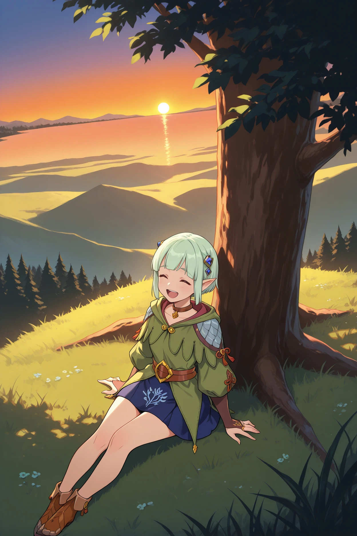 masterpiece, best quality, 1girl, solo, <lora:ena-illu-nvwls-v1-000005:1> mhsena, mint green hair, short hair, blunt bangs, pointy ears, hair ornament, choker, green tunic, puffy long sleeves, brown belt, blue skirt, brown bridal gauntlets, sitting, on ground, grass, tree, (from above:1.5), closed eyes, laughing, open mouth, wide shot, hdr, horizon, mountains, sunset