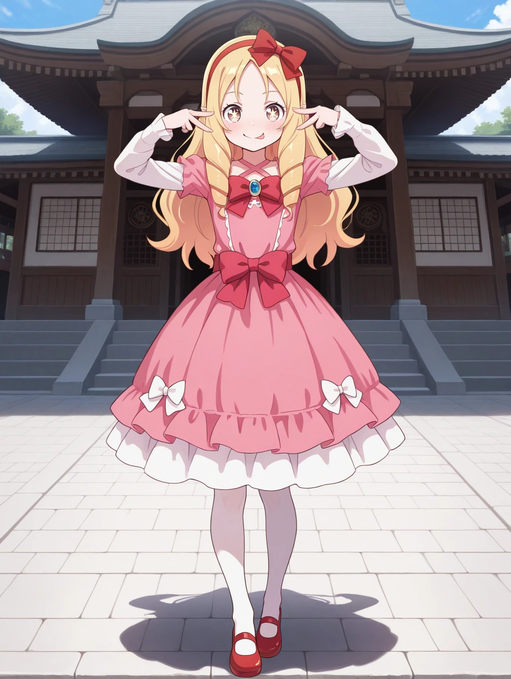 1girl, solo, very awa, masterpiece, best quality, amazing quality, very aesthetic, absurdres, standing, blush,
<lora:YamadaElf--IL-V1:0.8> YamadaElf, long hair, hair bow, drill hair, dress, bow, blonde hair, red bow, pink dress, hairband, twin drills, brown eyes, long sleeves, pointy ears, white bow, white pantyhose, red footwear, mary janes, shoes,
<lora:pose_aihoshinopose_illustriousXL:1> aihsnpose, smile, tongue out, double v, star-shaped pupils,
temple, summer,