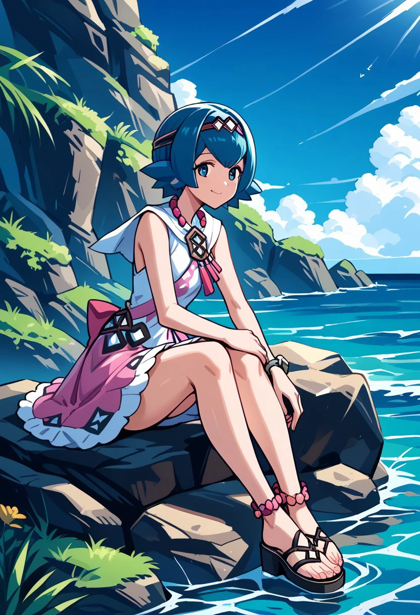 score_9, score_8_up, score_7_up, source_anime, 1girl, solo, sitting, on rock, sea, feet_in_water, smile, syglana, short_hair, blue_hair, hairband, sleeveless_dress, white_dress, [pink_dress], bracelet, jewelry, necklace, anklets, sandals, toes