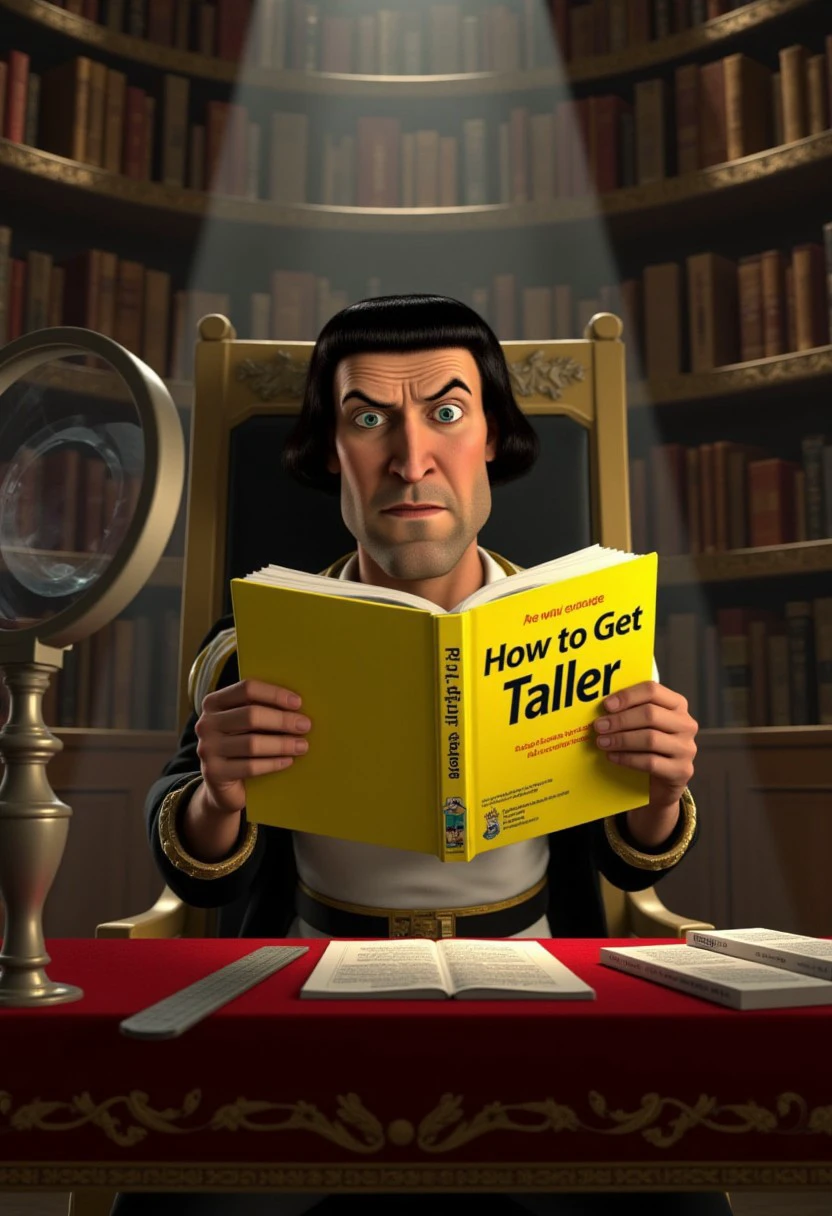 A photorealistic depiction of Lord Farquaad sitting at a large, luxurious desk in an overly ornate library, surrounded by towering bookshelves filled with dusty tomes. Farquaad, looking as serious as ever, is holding a bright yellow 'For Dummies' book titled 'How to Get Taller' with exaggerated focus and determination. His legs dangle comically from the oversized chair, barely reaching the ground, adding to the humor. A comically large magnifying glass sits on the desk next to him, alongside a comically short ruler and a tiny stack of booster shoe insoles. The lighting casts a dramatic glow, highlighting Farquaad’s intense concentration as if he’s researching the secret to ultimate power.