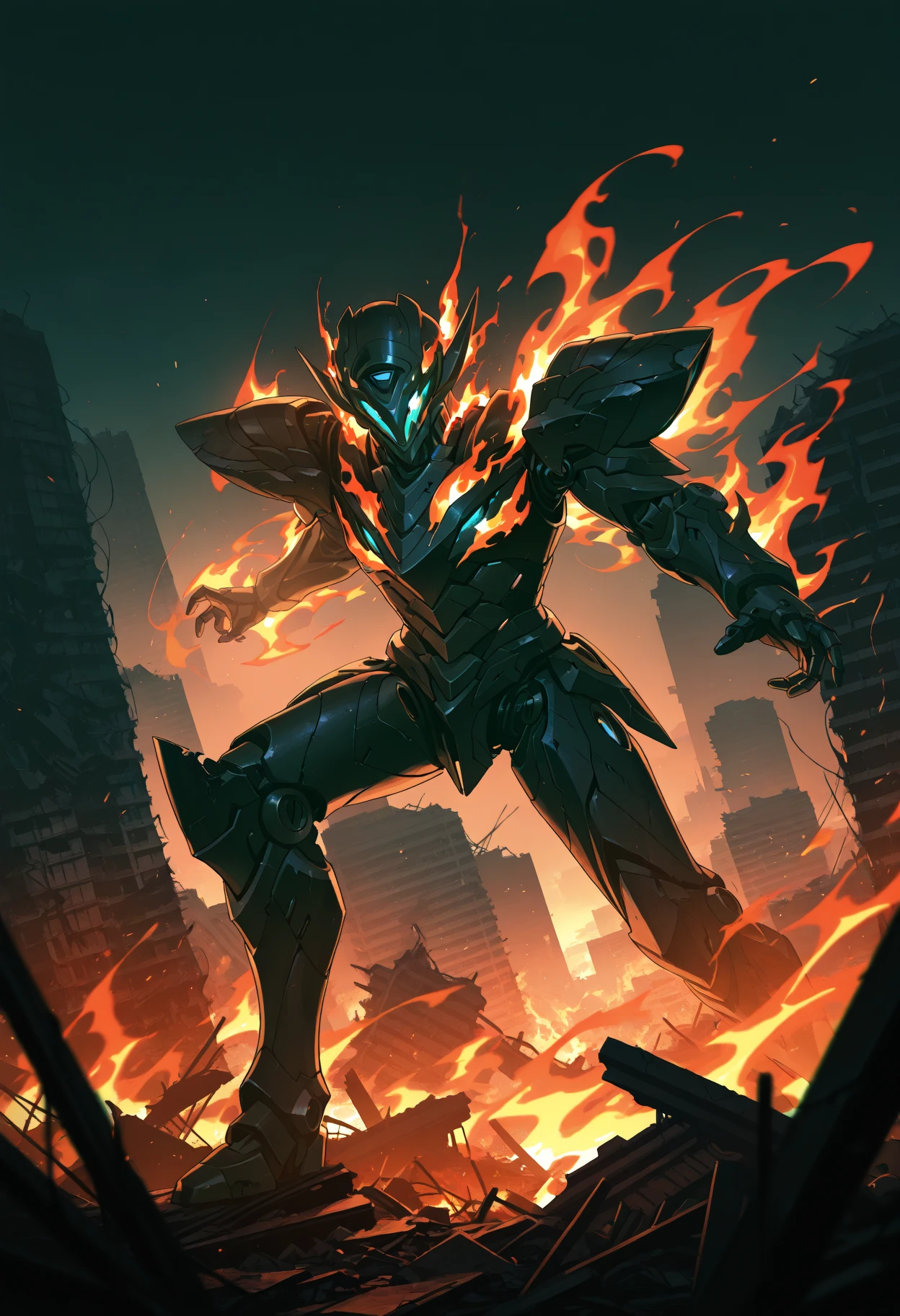 masterpiece, best quality, 1other, solo, SAM, mecha, full armor, helmet, wide shot, ruins, city, flame, fire, action pose, dynamic pose, dark theme, <lora:ChamFireflyIllustriousXL:1>
